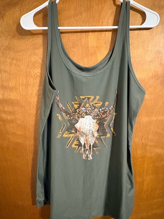 No Boundaries Tops - No Boundaries Olive Green Tank with Floral Skull Graphic